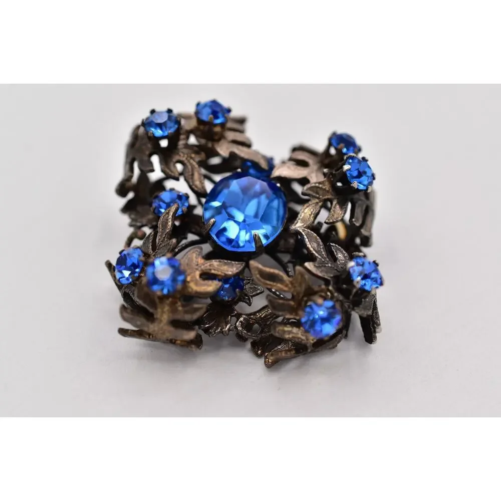 Vintage Austrian Blue Crystal Pin Brooch 3D Flower Gunmetal Tone 1960s BinBI